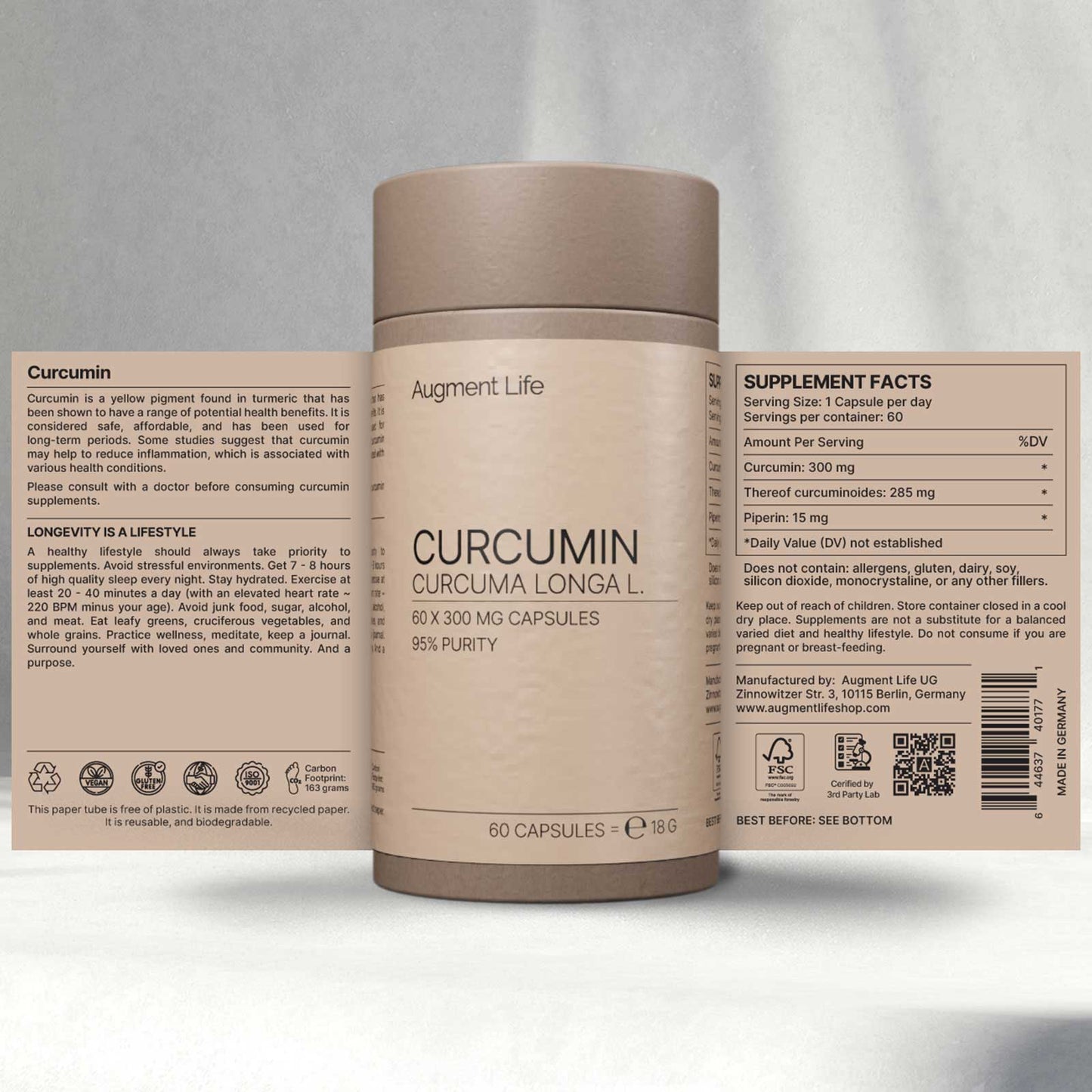 Curcumin with piperin - 300 mg capsules - 95% Curcuminoides - Curcuma Longa L
