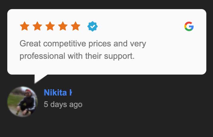 5-star Google review with a blue check mark. Text says, "Great competitive prices and very professional with their support." Below, a user profile mentions "Nikita" from 5 days ago.