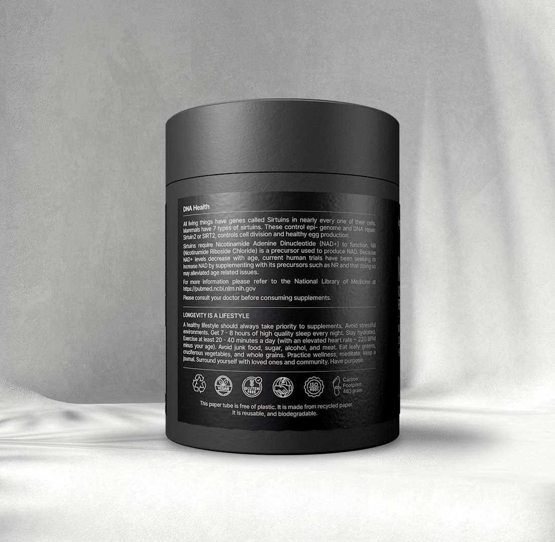 A black cylindrical container labelled "DNA Health" on a light Gray surface. The text discusses health supplements and lifestyle tips. Eco-friendly symbols indicate recycling.
