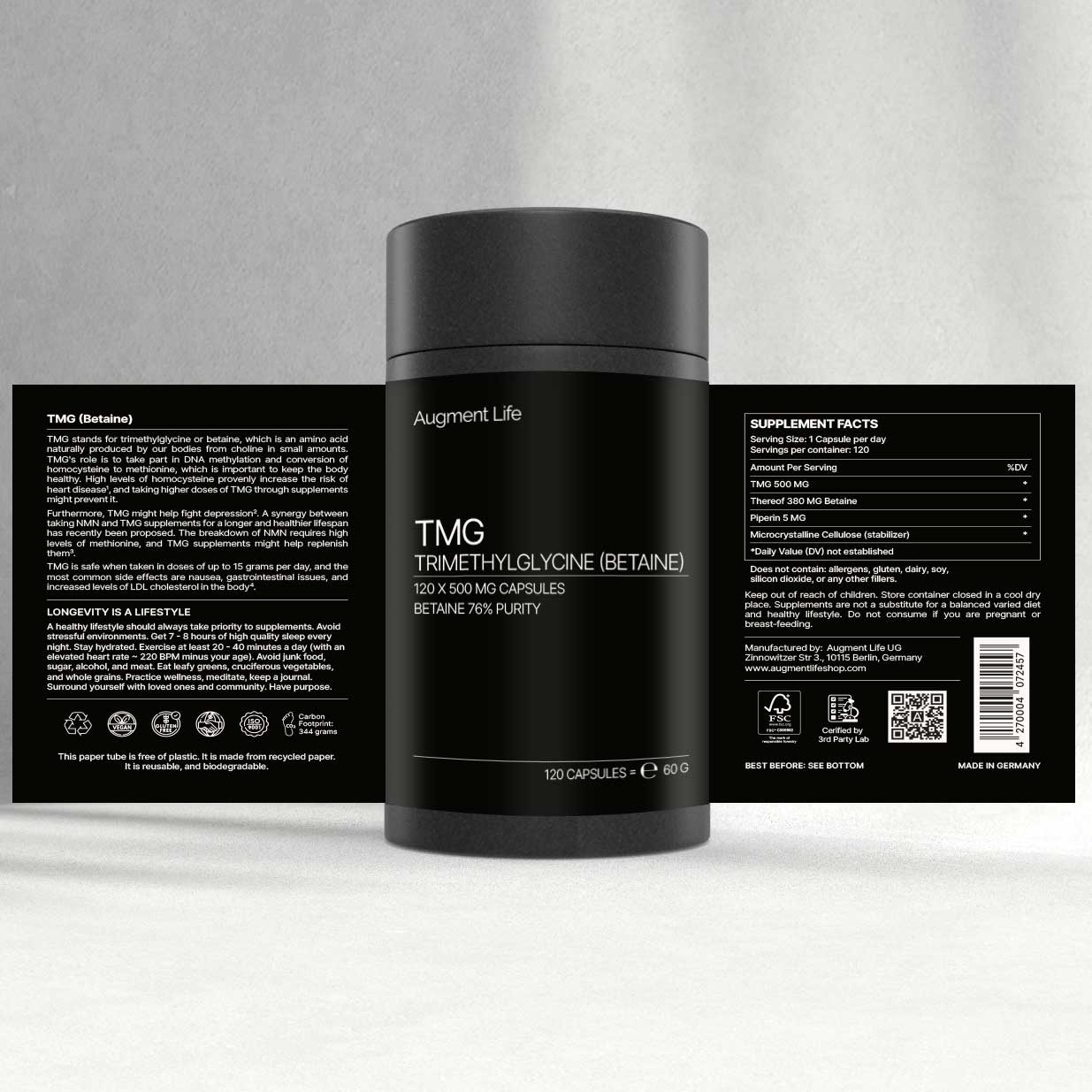 TMG (Betain) - 500 mg x 120 kapslar - Trimetylglycin, 98% Betain