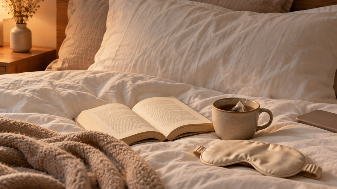 cosy bed with an opened book and cup of tea