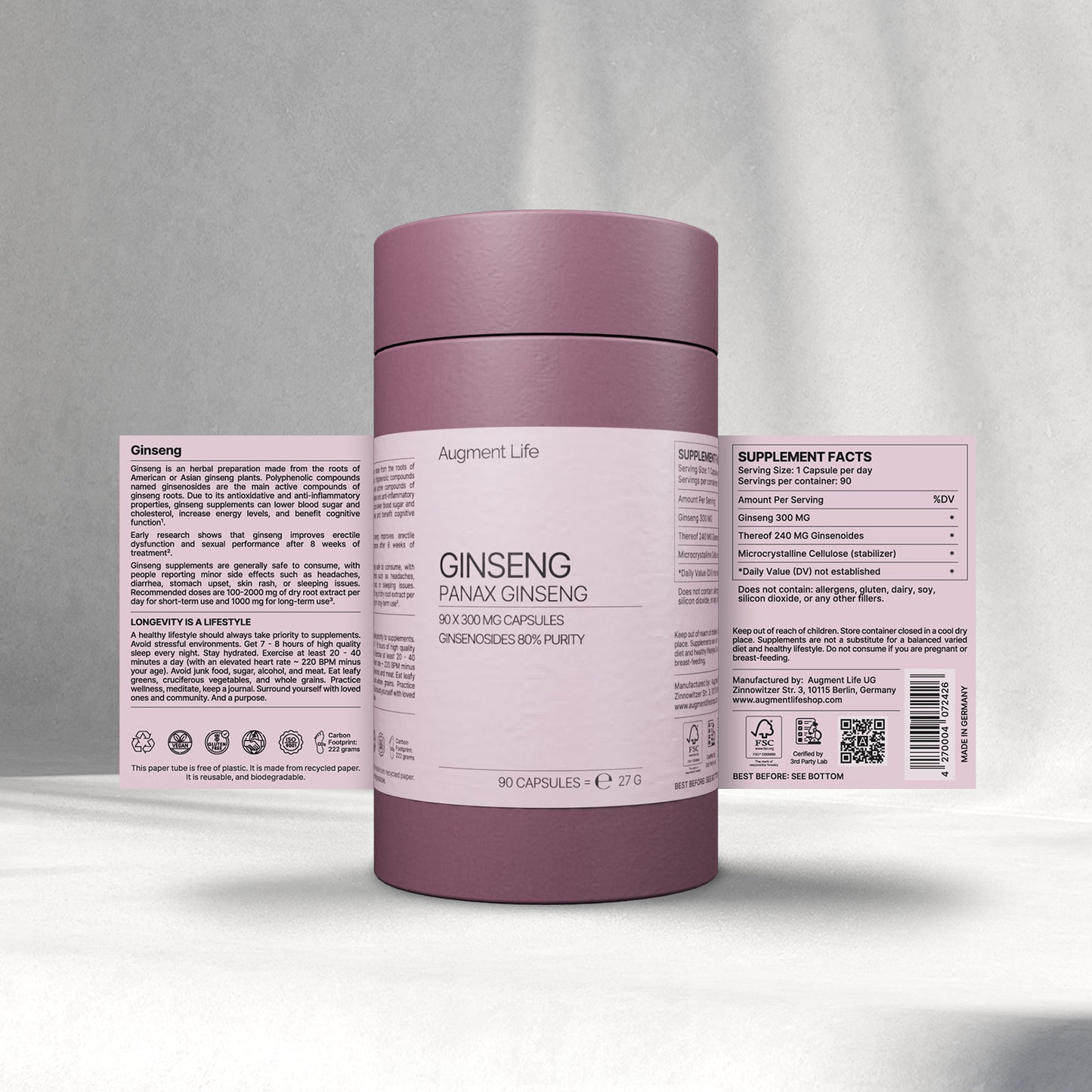 Ginseng - 300 mg x 90 cápsulas - Panax Ginseng - 80% Ginsenósidos