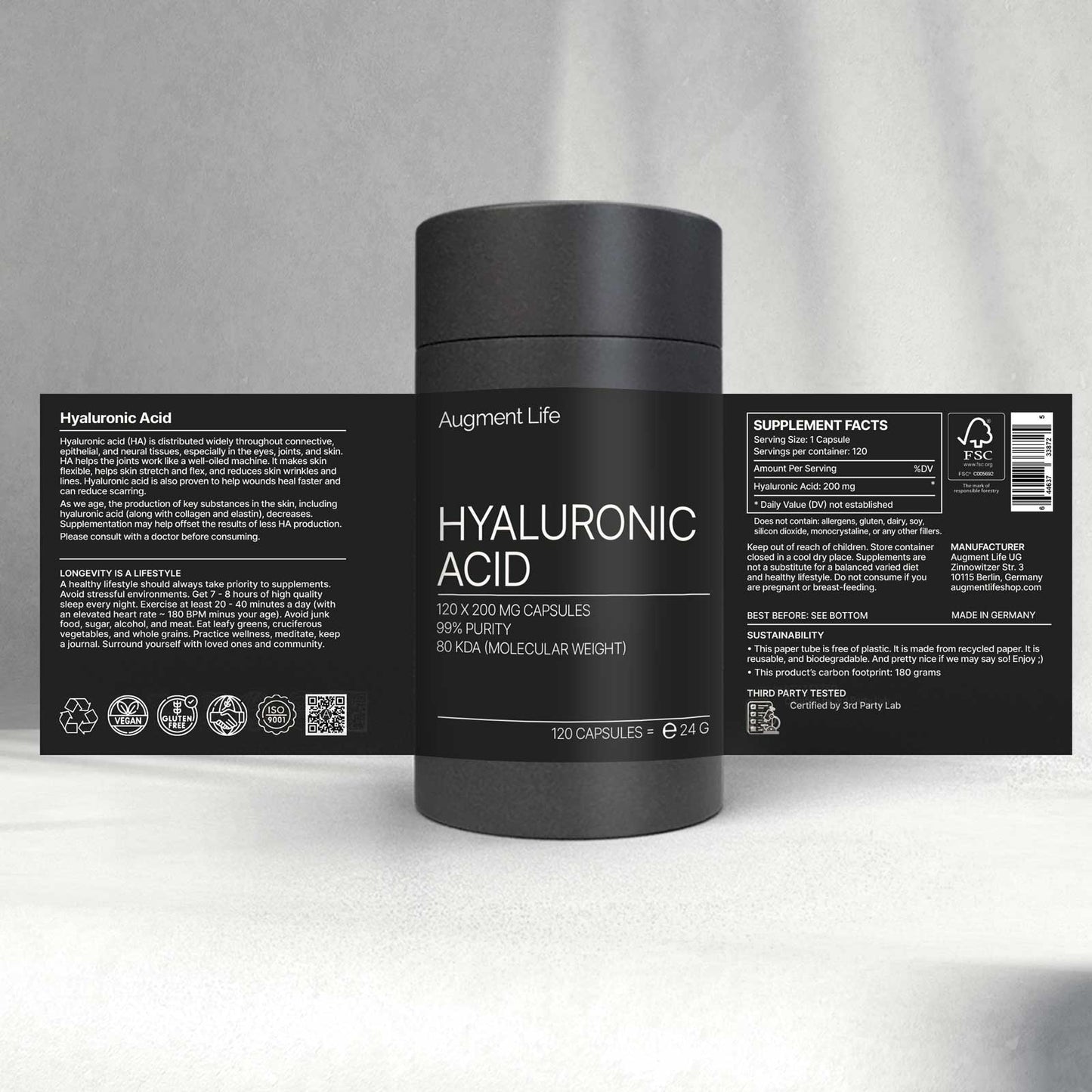 Hyaluronsyra - 200 mg x 120 kapslar - 80 kDa optimal biotillgänglighet