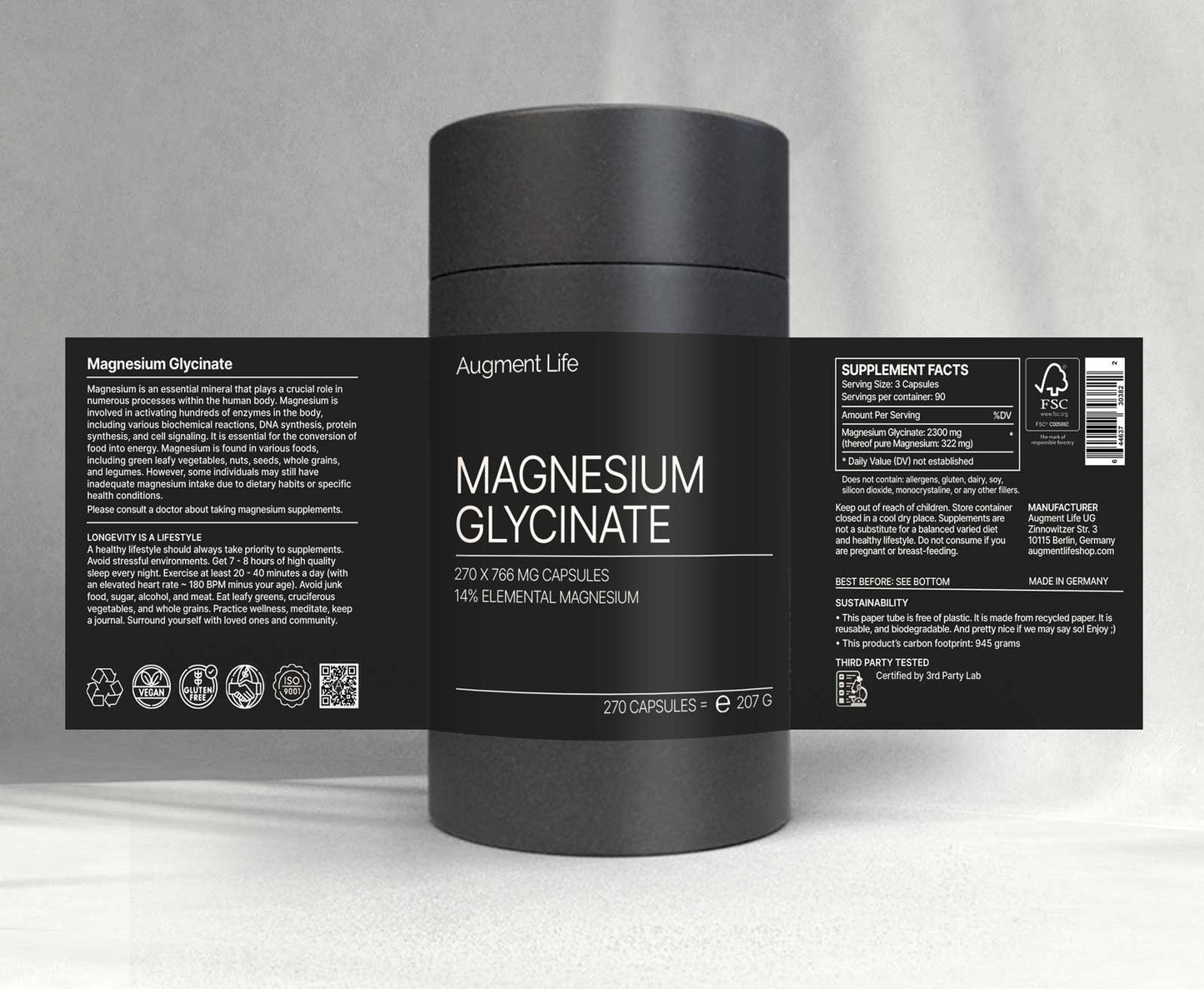 Magnesiumglycinat - 766 mg x 270 kapslar - 14 % elementärt magnesium